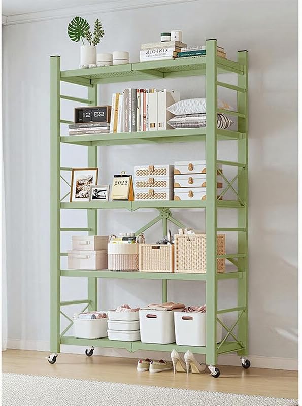 4-Tire Storage Rack, Height Adjustable, 40 * 13 * 61in Foldable Metal Garage Storage Shelves Organizer, Portable Metal Kitchen Shelving, Closet Shelving Unit Bakers Rack (Green 5 Shelfs)