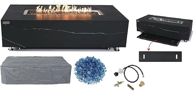 Elementi+ | Varna Gas Fire Pit | Marble Porcelain & Metal Frame | 60" Rectangular Fire Table | Electronic Ignition | Canvas Cover, Fire Glass & Burner Lid Included | Black | Natural Gas