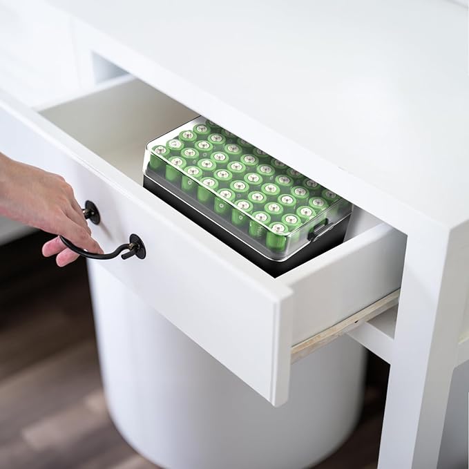 ALCYON Battery Organizer Storage Case, Small Battery Vault Box Container for 48pcs AA Batteries, Plastic Clear Protective Battery Holder for Travelling/Home/Office (Black, Large)