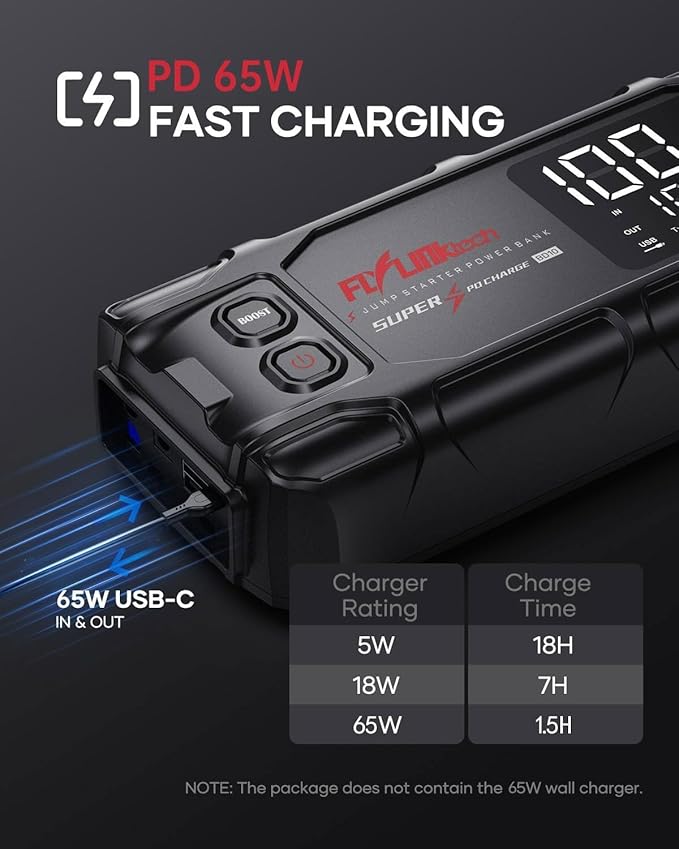 FLYLINKTECH Car Battery Jump Starter, 8000A Peak 26800mAh Jump Start Battery Pack(for All Gas or up to 12L Diesel),12V Jump Box with PD65W Fast Charging and 600 Lumen LED Light