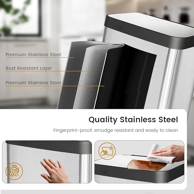 10 Gallon Stainless Steel Trash Can with Removable Inner Bucket, Soft Close Lid, and Hands-Free Foot Pedal - Modern Kitchen Waste Bin