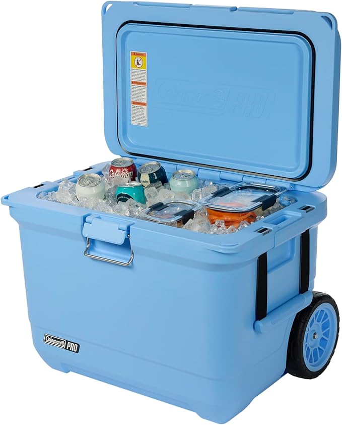 Coleman Pro Heavy-Duty 55qt Wheeled Ultra-Light Premium Hard Cooler, Extra-Thick Insulation Keeps Ice up to 5 Days, 92-Can Capacity, Heavy-Duty Wheels