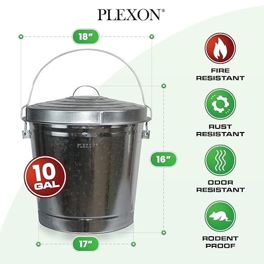 Plexon Metal Trash Can with Locking Lid Outdoor Storage Bucket for Bird Seed Ash Galvanized Steel 10-Gallon 3 Pack