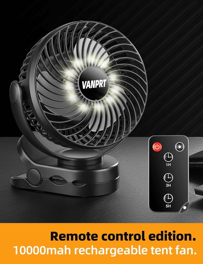 6'' Portable Hanging RV Tent fan with Remote Control,10000mAh Battery Camping Fan with LED light and Timer, 40 Hours Working Time Rechargeable Clip Fan, as Emergency Power - Black