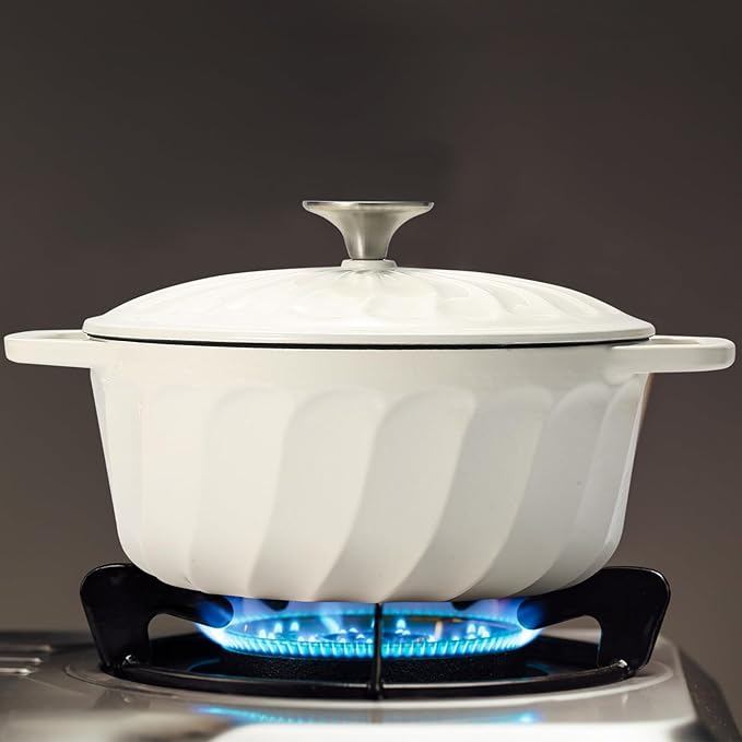Enameled Cast Iron Dutch Oven with Lid, 6 QT Cast Iron Dutch Oven Pot, Dual Handles for Bread Baking, Cook, Bake, Oven Safe across All Cooktops (White,6 QT)