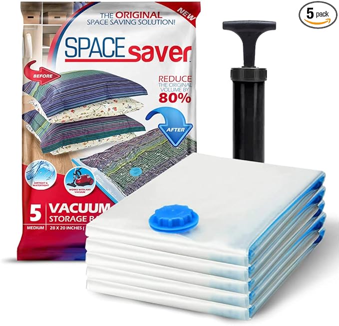 5 Pack Medium Vacuum Storage Bags for Comforters, Blankets & Clothes – Vacuum Sealed Compression Bags with Hand Pump – Space Saver Storage Bags for Bedding, Moving, Travel & Organization