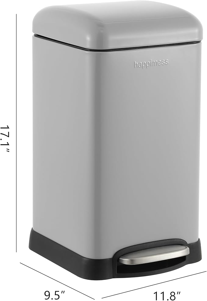 happimess HPM1012E Betty Retro Mini 3.2-Gallon Step-Open Trash Can, Fingerprint Resistant, Modern, Minimalistic for Home, Kitchen, Laundry Room, Office, Bedroom, Bathroom, Fog Gray