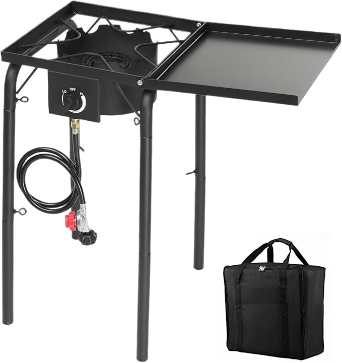 Bonnlo Single Burner Gas Stove Propane Stove, 100,000 BTU High Power Portable Outdoor Camp Cooker Stove with 20 PSI Regulator, Adjustable Height & Side Shelf for Backyard, Camping, Tailgating