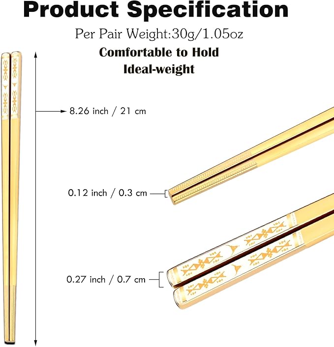Metal Chopsticks Reusable 1 Pair Stainless Steel Travel Chopsticks Dishwasher Safe Square Lightweight Non-Slip Chop Sticks with case (Golden Bull Head Boho)
