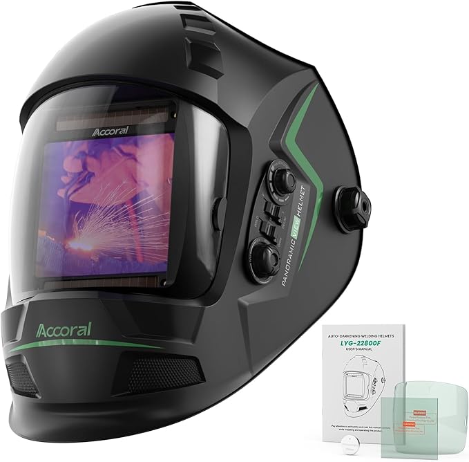 3.94" x 3.66" Large Viewing Hemispherical lense Welding Helmet，1/1/1/1 True Color Auto Darkening Welding Hood Mask，4 Arc Sensor Wide Shade for TIG MIG ARC Plasma Cut,Grinding