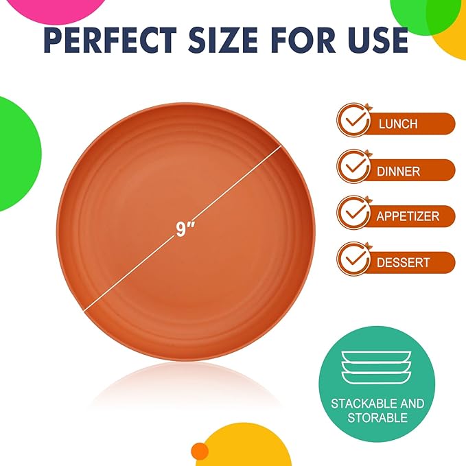 Homienly Deep Dinner Plates Set of 8 Alternative for Plastic Plates Microwave and Dishwasher Safe Wheat Straw Plates for Kitchen Unbreakable Kids Plate Set with 4 Colors (Classic Bright, 9 inch)