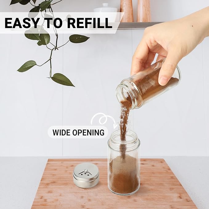 Segarty Spice Jar with Shaker Lids, 6 Pack 4 oz Glass Spice Jars with Adjustable Pour Large Holes for Herbs Grains, Clear Empty Seasoning Containers Spices Bottles Lid Salt Pepper Shakers