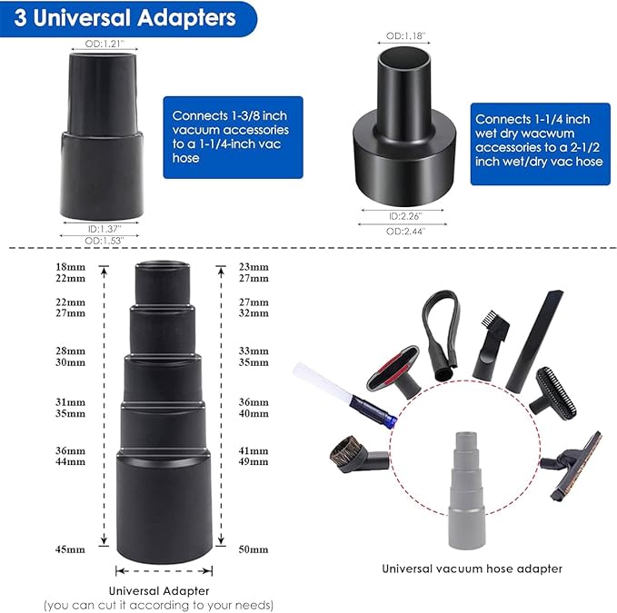 IN VACUUM 15 Pcs Universal Vacuum Attachments & Brushes for Shop Vac Accessories - 2 1/2" to 1 1/4" Hose Adapter for Shop Vac, 1 7/8" to 1" Vacuum Hose Adapter, 1 1/4" Shop Vacuum Cleaner Attachments