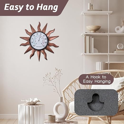 VEWOGITF 14" Sun Outdoor Thermometer, Retro Indoor Wall Thermometer No Need Battery, Metal Thermomter for Patio Garden Living Room Decor