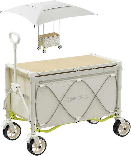 ONEFOREST Collapsible Wagon Cart with Canopy Tent, Portable Large Capacity Foldable Wagon Cart, Heavy Duty Garden Cart with Wheels for Camping Sports Beach Backyard and Picnics, Beige