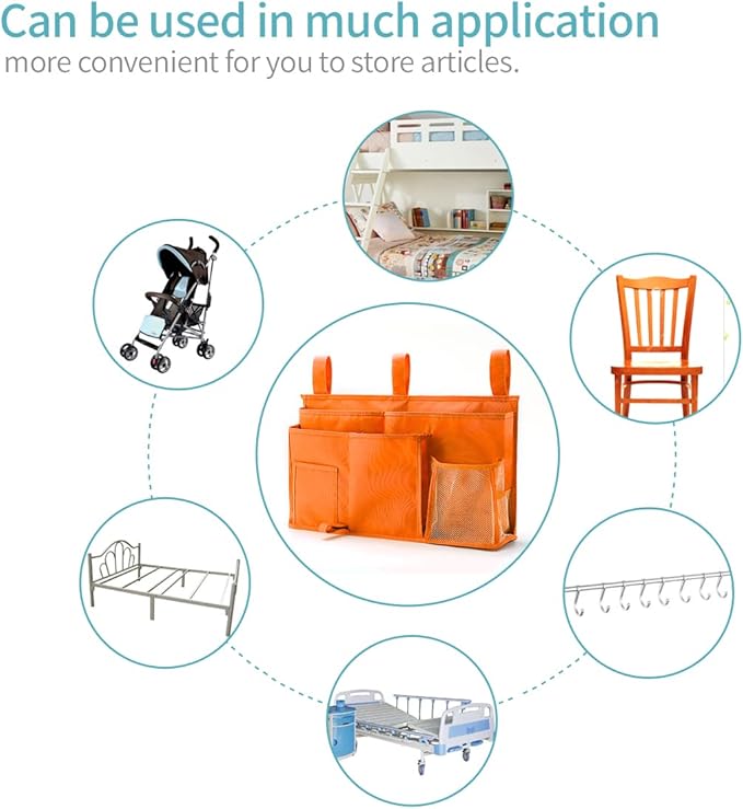 Bseash Bunk Bed Organizer, Bedside Caddy Hanging Bed Organizer Storage Bag 8 Pockets, for College Dorm Rooms Bed, Hospital Bed, Baby Bed Rails, 600D Oxford Cloth (Orange)