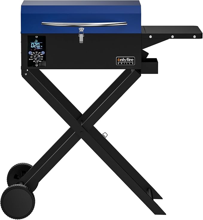 Onlyfire BBQ Wood Pellet Grill Smoker with Foldable Cart, Meat Probe, 2 Tiers Cooking Area, Portable Tabletop Grilling Stove for Outdoor Kitchen Cooking Smoke and Roast, RV Camping, Blue GS342