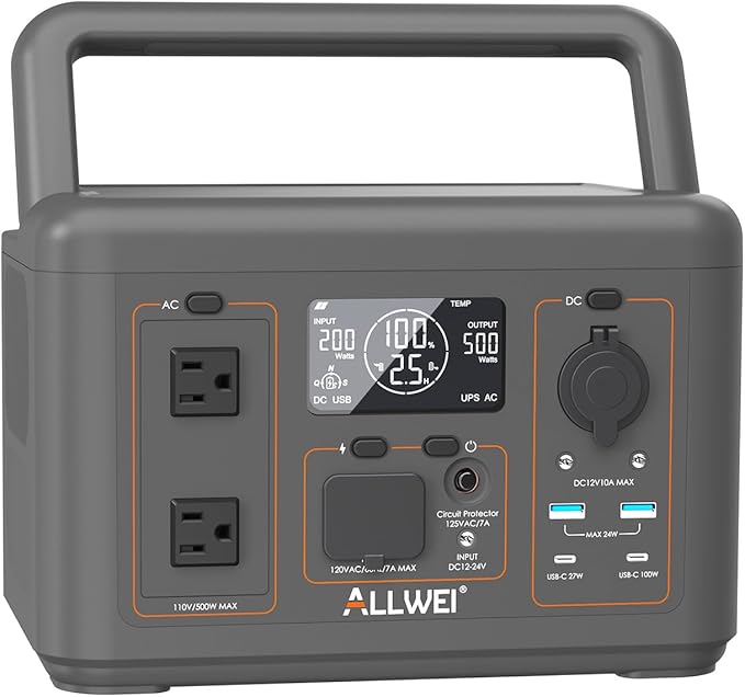 ALLWEI 512Wh Portable Power Station, 500W(Peak 1000W) LiFePO4 Battery, Solar Generator Fast Charge, UPS Mode, Pure Sine Wave 110V AC Outlets, Battery Generator for CPAP Outdoor RV Camping Power Outage