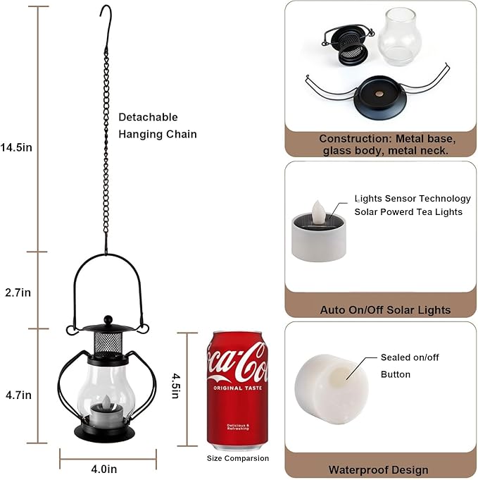Solar Hanging Lanterns Outdoor Waterproof, Vintage Mini Metal Lantern with Flickering Solar Powered Tea Lights, Perfect Chargeable Solar Lights for Backyard Patio Garden Fence Tree Decoration-4Pack