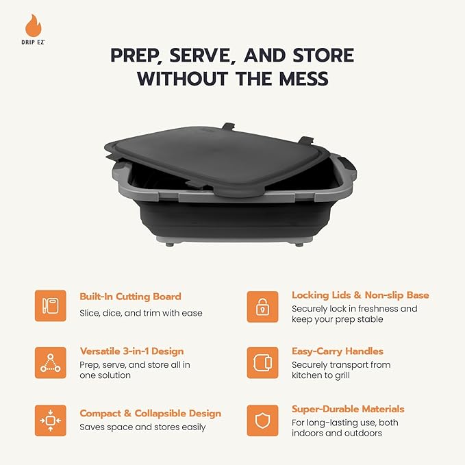 Drip EZ Collapsible BBQ Prep Tubs 3-Piece Set- For Meal Prep Marinating Food Storage - Includes Cutting Board & Lid - (1) JR - Black + (1) OG - Orange + (1) XL - Black