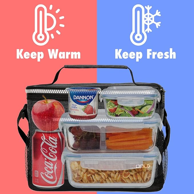 opux Insulated Lunch Box Men Women, Lunch Bag for Work School, Leakproof Soft Cooler Tote Adult, Large Lunch Pail Kids Boys Girls, Picnic Beach Food Bag with Shoulder Strap, Charcoal