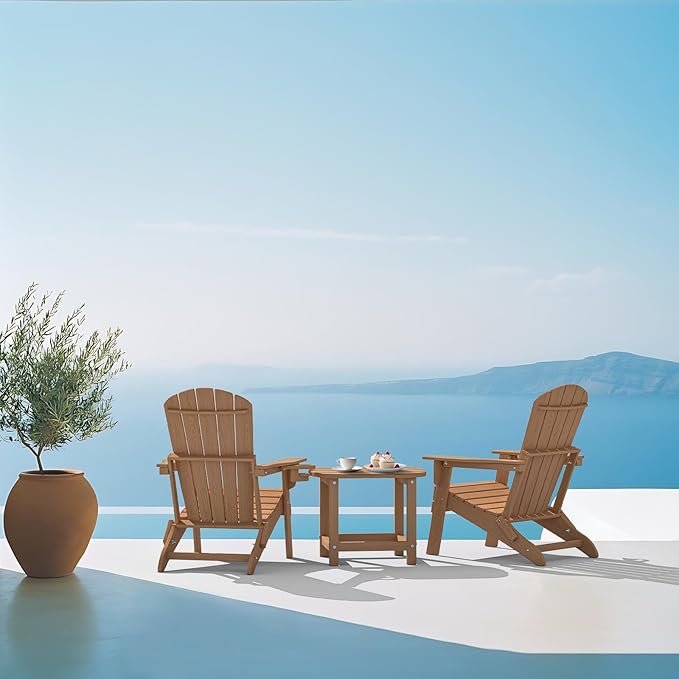 Folding Adirondack Chair, SGS Tested, Wooden Textured with Cup Holder, Heavy All-Weather HDPE Comfortable Set Poolside Backyard Lawn Teak Set 4