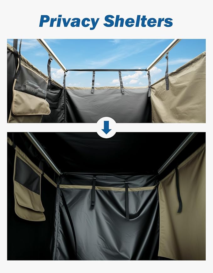 Car Shower Tent with Roof, Full Privacy Protection, Dry and Wet Separation Zones and Pockets, 1000D Waterproof Awning Shower Tent, Heavy-Duty Stakes, Outdoor Shower Enclosure for Overland SUVs