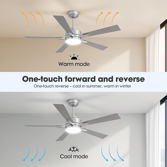 Ceiling Fan with Light, 52" Modern Low Profile Ceiling Fan with Light, DC Reversible Motor, Smart APP & Remote Control, Whisper Quiet, Dimmable LED for Bedroom/Living Room