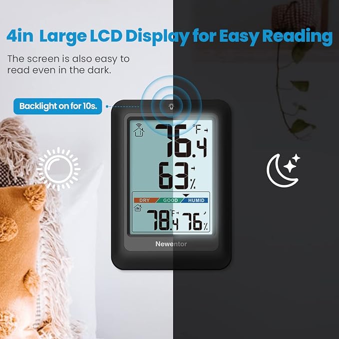 Newentor Indoor Outdoor Thermometer Wireless, Weather Stations Wireless Indoor Outdoor, Outdoor Thermometers for Patio House, Black with 1 Sensor