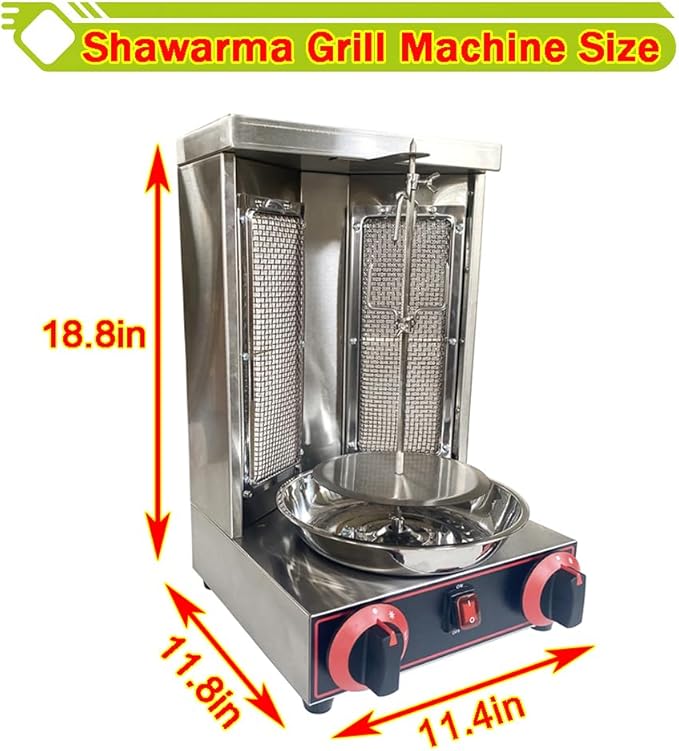 Shawarma Grill Machine LP Gas Gyro Grill Oven Vertical Broiler Rotating Doner Kebab Machine Countertop Rotisserie with 2 Burners for Home Kitchen Adjustable Tempereture