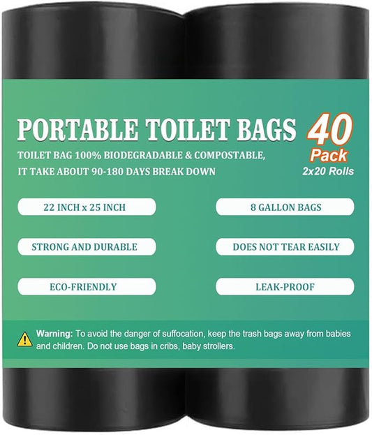 40 PCS Portable Toilet Bags for Camping, Biodegradable Porta Potty Bags - 8 Gallon Thickened Waste Bags Fit for 5 Gallon Bucket, Camping Poop Bag, Trash Bags for Home Boating Travel Outdoor