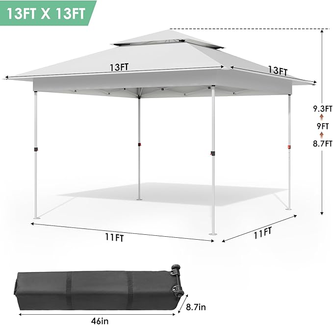 TLSUNNY 13X13 Pop Up Canopy Tent, Camping Shader W/Overhanging Eaves & Sand Bag, Outdoor Gazebo Shelter W/One Push Setup & Wheeled Bag, Height Adjustable, for Patio, Market, Party (White, 13FTX13FT)