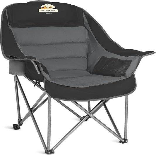 Oversized XL Padded Camping Chair Wide Heavy Duty Lawn Chairs Support 450 LBS Portable Folding Gaint Camp Chair with Side Pocket Cup Holder for Outdoor Outside Sports Baseball-Black&Grey
