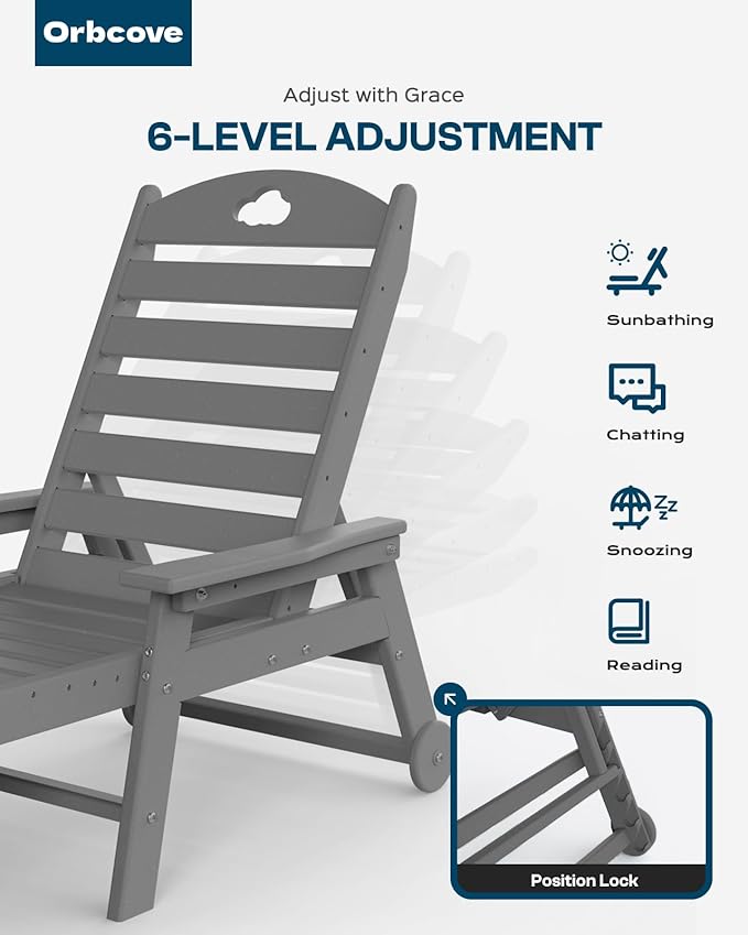 Oversized Chaise Lounge Chair Outdoor with Wheels & Cup Holder, 6-Position Adjustable HDPE Patio Lounge Chair for Poolside, Garden, Deck & Lawn (Grey, 2-Piece)