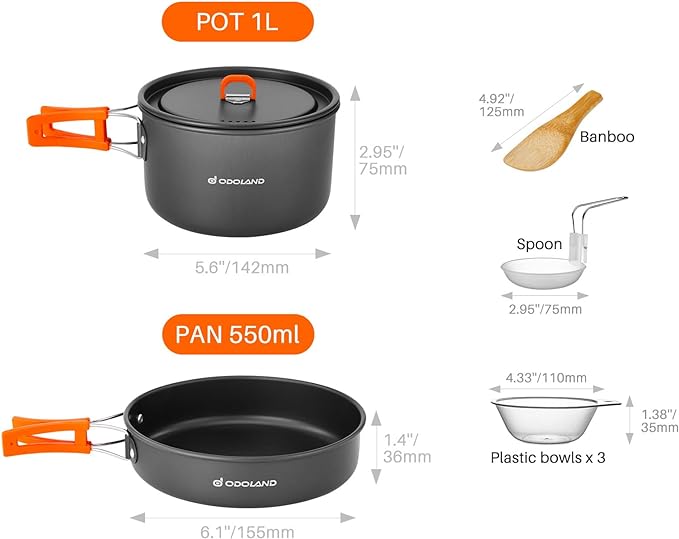 Odoland 9pcs Camping Cookware Non-Stick Lightweight Pots and Pans Set with Plastic Bowls Soup Spoon for Backpacking, Outdoor Cooking and Picnic