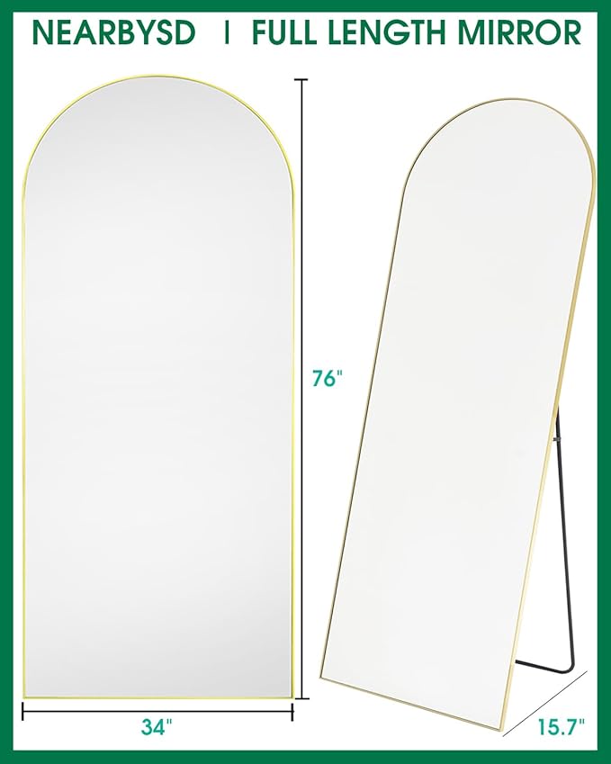 Oversized Full Length Mirror, Arched Body Mirror with Aluminum Stand, 76"x34", Hanging or Leaning, Wall Mounted, Gold