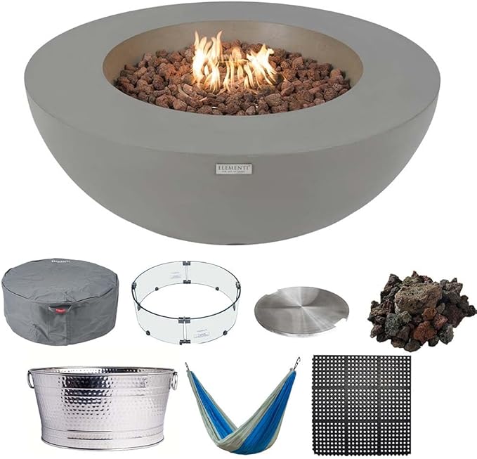 Elementi Lunar Bowl Fire Pit Bundle Outdoor Firepit Set Includes 42” Natural Gas Concrete Firepit, Glass Windscreen, Stainless Steel Cover, Canvas Cover, Floor Mat, Hammock, Beverage Tub