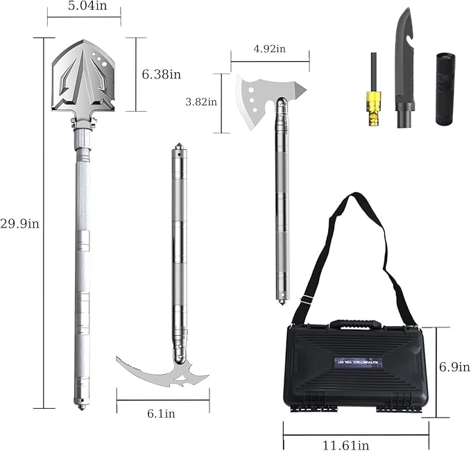 Survival Shovel Camping Tools Folding Portable Survival Gear Tactical Axe Multitool with Hard Carrying Case for Outdoor, Car Emergency, Camping Adventures