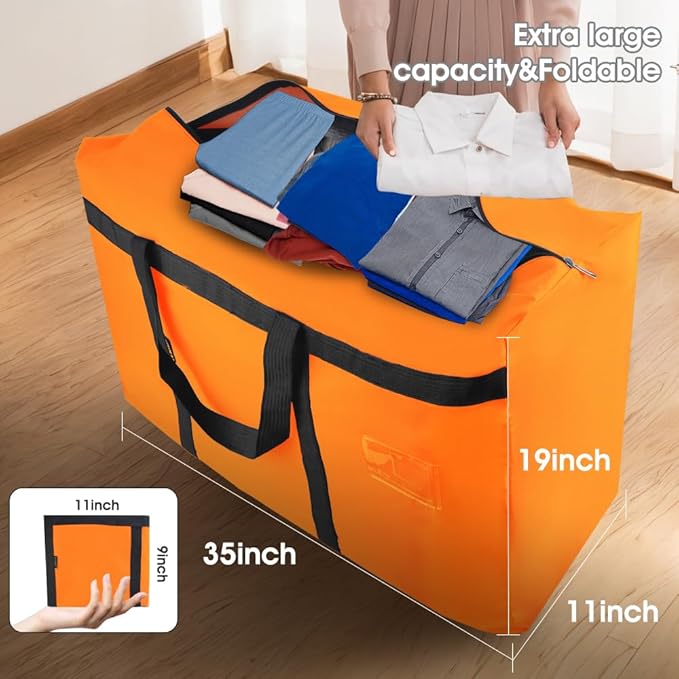 4 Pack Moving Bags Heavy Duty Extra Large 90L, College Packing Bags for Moving Clothes, Moving Supplies & Boxes with Zippers and Handles, Storage Bags Moving Totes Camping Essentials (Orange)