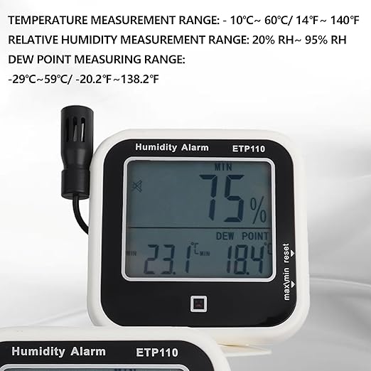 Walfront ETP110 Pro Digital Hygrometer Thermometer Lab Grade Humidity Temperature Dew Point Monitor with Data Storage Alarm for Home Laboratory Greenhouse