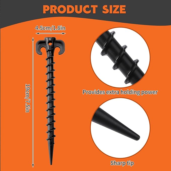 AUGSUN 16 Pack Plastic Tent Stakes Heavy Duty, Black Sand Stakes for Beach 7.5 Inch Screw in Tent Stakes Spiral Ground Anchors Tent Pegs Canopy Stakes for Inflatables Outdoor Camping Hiking Garden