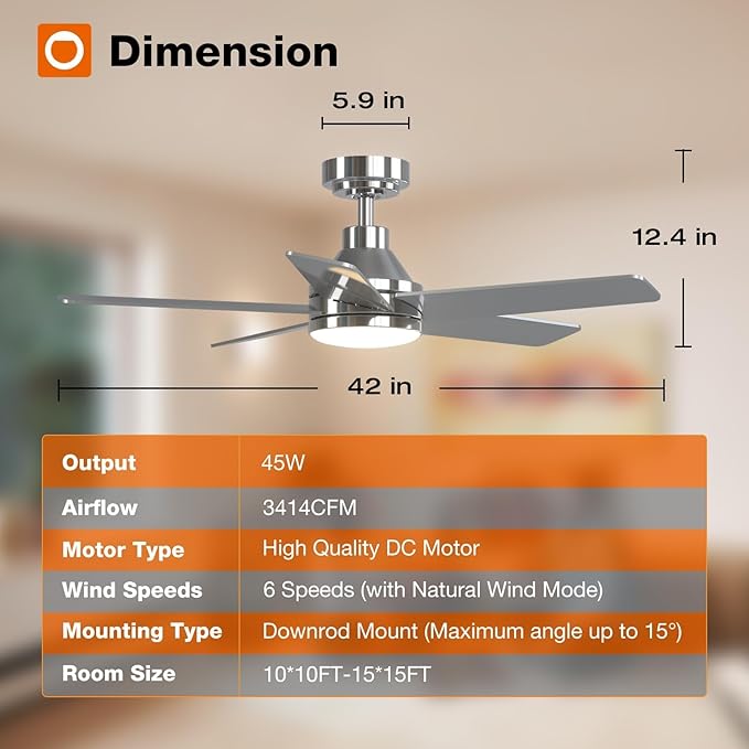 addlon Ceiling Fans with Lights, 42 inch Nickel Ceiling Fan with Light and Remote Control, Reversible, 3CCT, Dimmable, Noiseless, Small Ceiling Fan for Bedroom, Farmhouse, Indoor/Outdoor Use