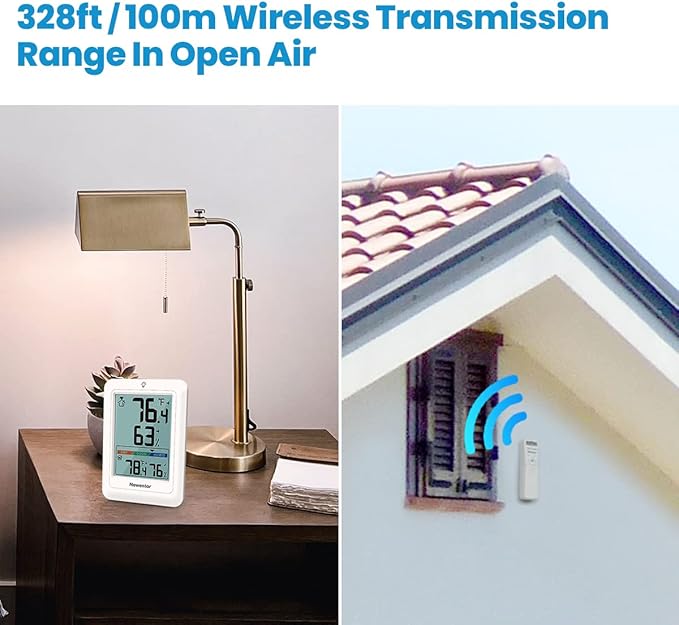 Newentor Indoor Outdoor Thermometer Wireless, Remote Temperature Monitor Hygrometer, Outside Inside Thermometers with Comfort Indicator, 4 Inch Screen, 328ft Range for Home Patio, White with 1 Sensor