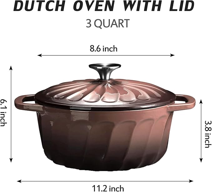 Enameled Cast Iron Dutch Oven with Lid, 3 QT Dutch Oven Pot for Bread Baking, Heavy Duty Cast Iron Pot for Braising, Cook, Bake, Oven Safe across All Cooktops (Brown,3 QT)