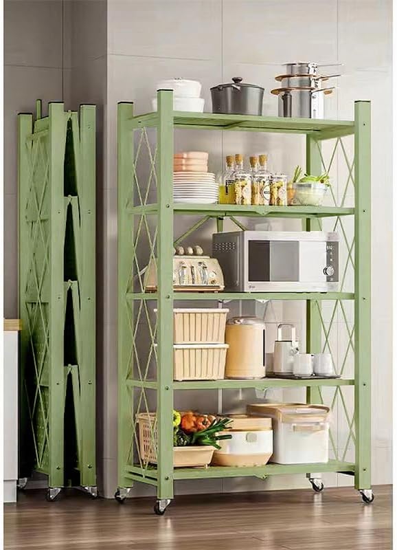 4-Tire Storage Rack, 28*13*63.8in Foldable Metal Garage Storage Shelves Organizer, Portable Metal Kitchen Shelving, Closet Shelving Unit Bakers Rack Microwave Stand, Green(Tiered Shelf-5)