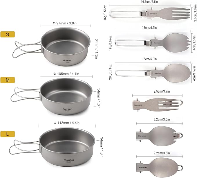 Titanium Camping Bowls and Utensils Set, Lightweight Portable Titanium Plates with Folding Handle & Forks Spoons Travel Cutlery Dinnerware for Outdoor Camping Backpacking Hiking Picnic