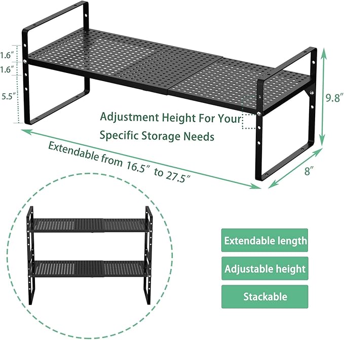 Redrubbit Expandable Cabinet Storage Shelf, Adjustable Height Steel Metal Kitchen Counter Organizers Shelves Spice Rack for Kitchen Pantry Bathroom Cupboard Desk Home Office, Black-3 Pack