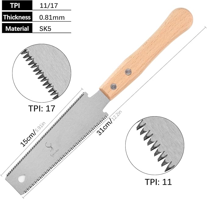 Japanese Hand Saw Woodworking Tools, SS SHOVAN Double Edged 11/17 TPI Flush Cut Saw, Wooden Handle Pull Saw Small Handsaw for Fine Cutting Wood