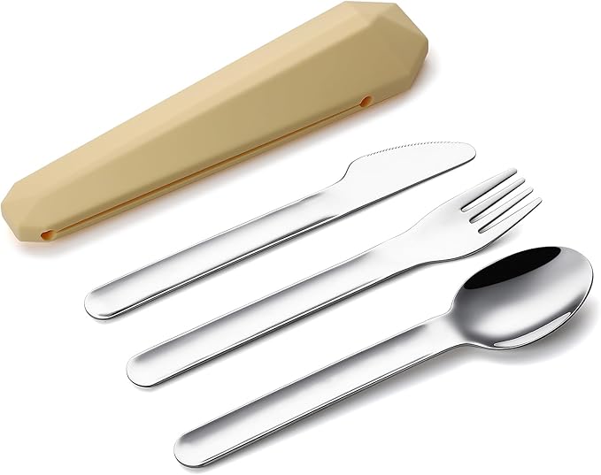DEVICO Travel Utensils with Case, Reusable Camping Silverware Cutlery, 18/8 Stainless Steel Portable Fork Spoon Knife Set for Lunch Picnic School Workplace (Yellow)