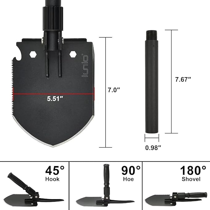iunio Camping Shovel,Shovel Folding, Portable, Multitool, Foldable Entrenching Tool, Collapsible Spade, for Backpacking, Trenching, Hiking, Survival, Car Emergency